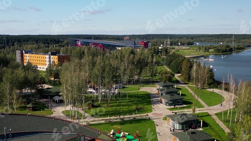 Preview: Top view of the green recreation Park and water Park in Zhdanovichi as well as the ring road in