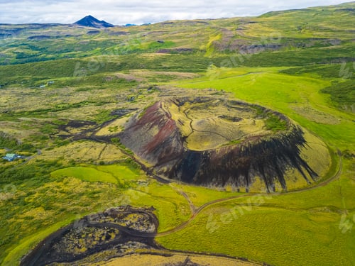 Preview: Aerial drone view of the Grabrok Volcano crater in Iceland