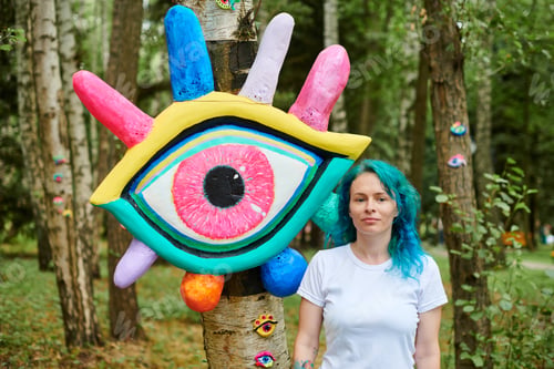 Preview: Funny young adult woman with dyed turquoise hair in white T shirt near big eye art installation
