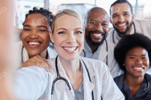 Preview: Selfie, portrait and hospital doctors, happy people or surgeon team smile on healthcare, medical ph