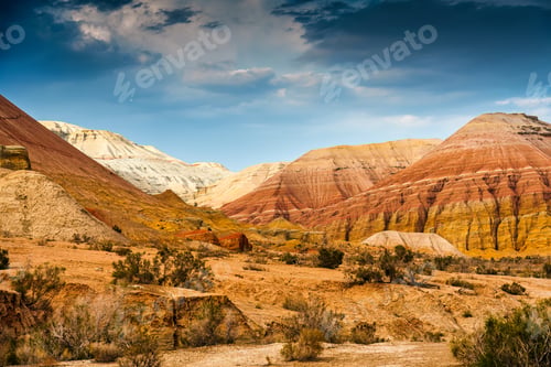 Preview: Colorful layered mountains with geological pattern of Altyn Emel national park in Kazakhstan