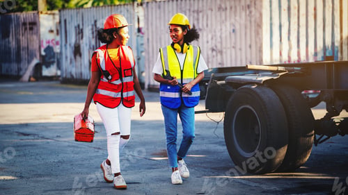 Preview: Woman Technician or maintenance worker hold mechanic tool box near old cargo container tank