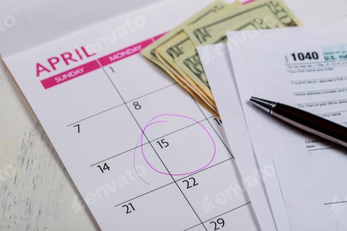Preview: Calendar with words Tax Day , dollars and form 1040 income tax form showing tax day for April