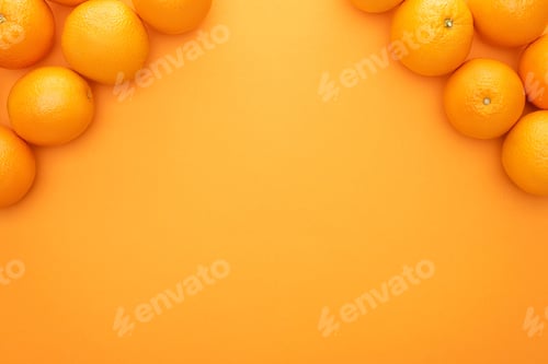 Preview: top view of ripe juicy whole oranges on colorful background with copy space