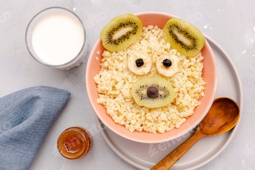 Preview: Funny cute kids childrens baby's healthy breakfast lunch porridge in bowl look like bear,mouse face