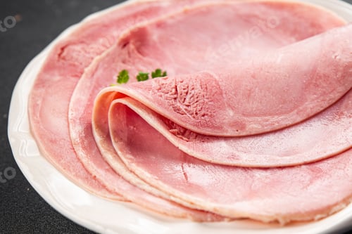 Preview: Ham slice pork meat fresh tasty food dish delicious gourmet food background on the table rustic food