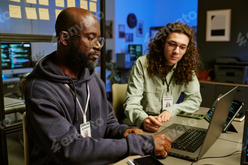 Preview: Young Black Man and Young Caucasian Man Collaborating on Laptop in Office