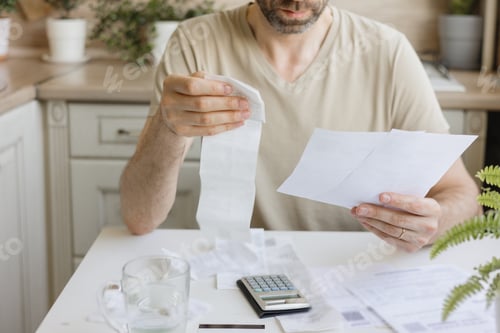 Preview: Man Reviewing Bills and Finances at Home