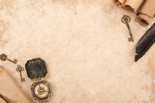 Preview: top view of feather, vintage keys and compass on aged paper