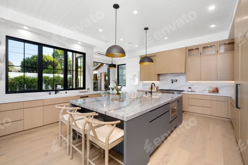 Preview: Modern kitchen with marble countertops and wooden cabinets.