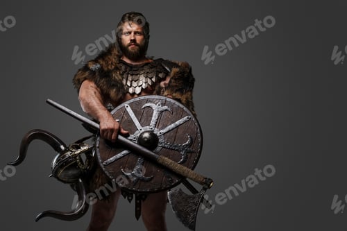 Preview: A fearless Viking warrior with a majestic beard adorned in fur and light armor