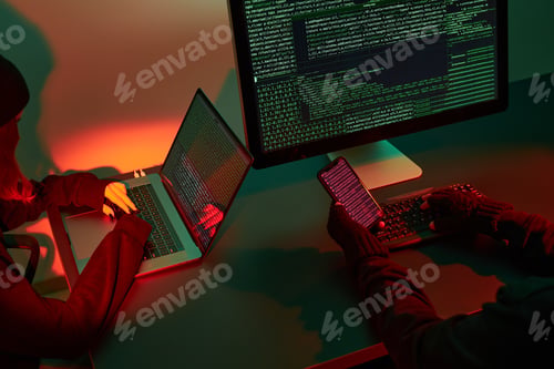 Preview: Cyber attack. Anonymous people hacking security protection. Hackers access sensitive data. Cyber war