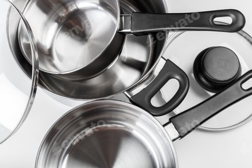 Preview: Stainless steel pots and pans isolated on white