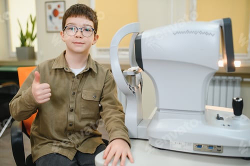 Preview: Boy showing thumb up after vision diagnostics in ophthalmology clinic