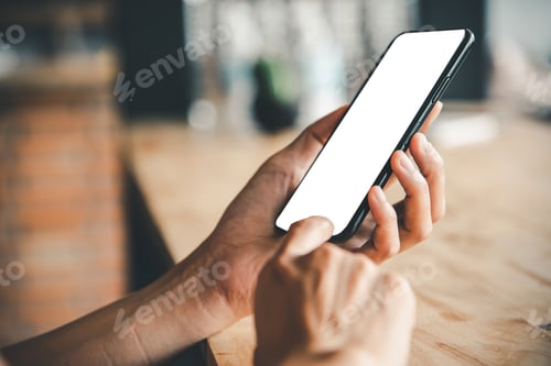 Preview: Asian business woman hand using and touching smart phone with white blank empty screen.