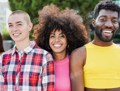 Preview: Young diverse people smiling on camera outdoor