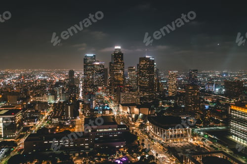 Preview: Aerial View of Downtown Los Angeles Skyline with City Lights from Aerial Perspective