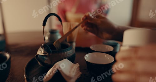 Preview: Traditional, matcha and Japanese women with tea for culture with leaves and powder in tearoom. Frie