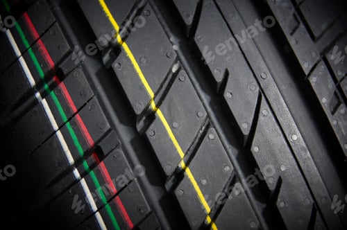 Preview: Studio shot of a set of summer car tires on black background. Contrasty lighting