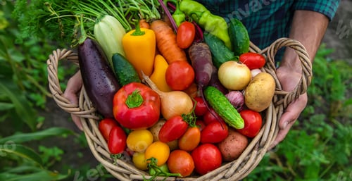 Preview: A man with a harvest of vegetables in the garden. Selective focus.