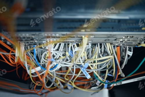 Preview: In need of some cable management. High angle shot of cables inside of a server room.