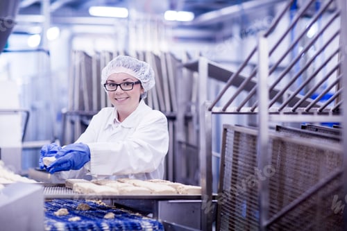Preview: Woman working in food production factory looking at camera smiling