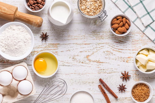 Preview: Ingredients for baking - flour, eggs, salt, sugar, milk.