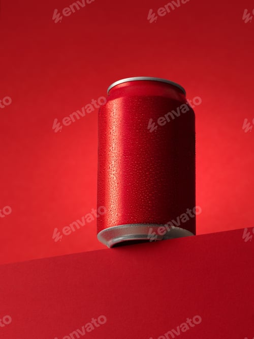 Preview: Vertical shot of a red soda can with water drops