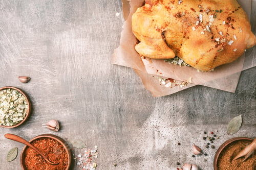 Preview: Cooking preparation of raw chicken with ingredients, spices, herbs, sauce and cooking spoon on grey
