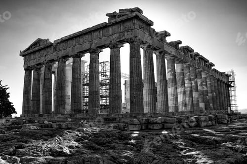 Preview: Greyscale of the restoration of the Parthenon under sunlight in Greece