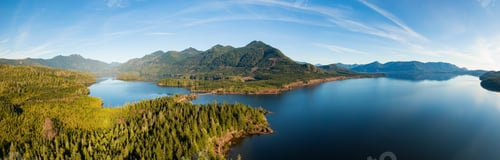 Preview: Aerial Panoramic View of Kennedy Lake during a vibrant sunny day