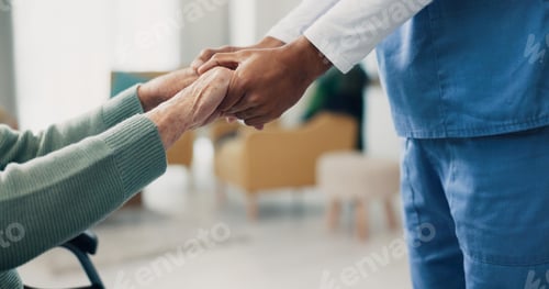 Preview: Senior care, holding hands and doctor with a patient in a wheelchair for support, love and rehabili