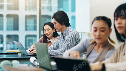 Preview: Japanese, business people and laptop with coworking, collaboration or teamwork in office or meeting