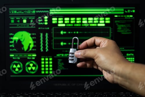 Preview: Cyber Security concept - hand with a padlock on the hacker screen background
