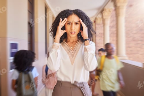 Preview: Black woman, teacher and headache stress at school, academy or learning campus with blurred backgro