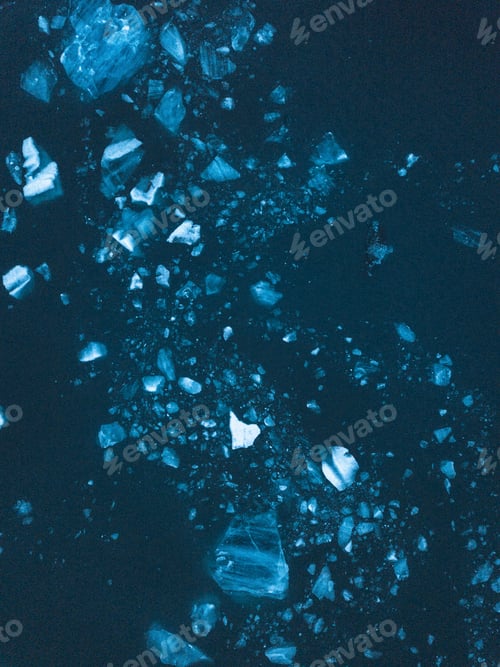 Preview: Drone shot of icebergs in Jökulsárlón glacier lagoon in Iceland