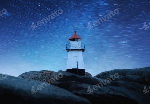 Preview: Lighthouse in the Norway. Landscape at the night time