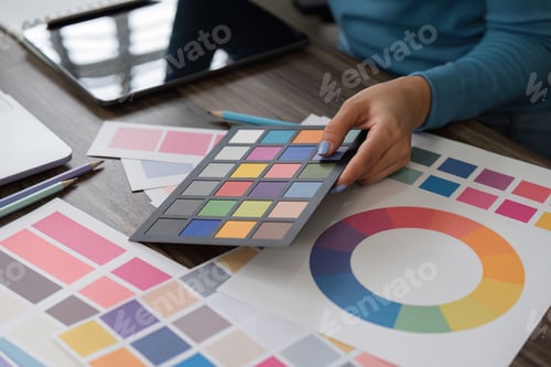 Preview: A hand selecting color swatches for a creative project on a wooden workspace.