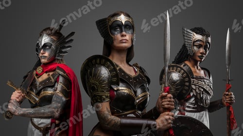 Preview: Elegant three amazons with cold steel isolated on gray