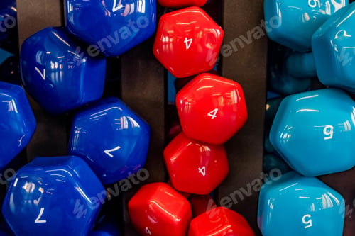 Preview: Stand with colorful dumbbells in modern gym