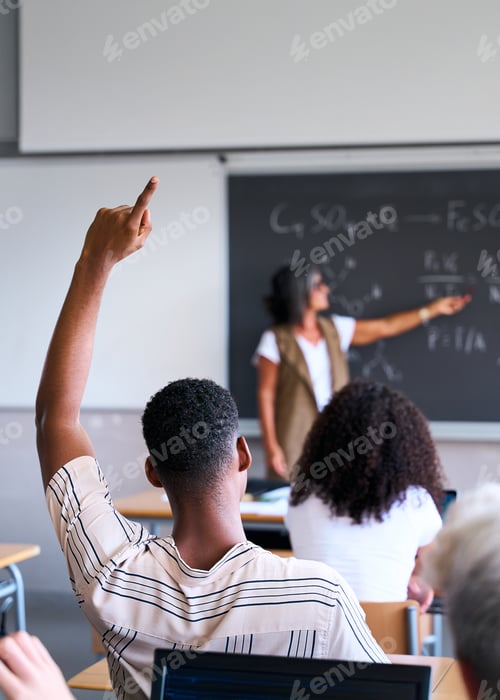 Preview: Young group of gen z students attending class at high school. Young black student boy asking