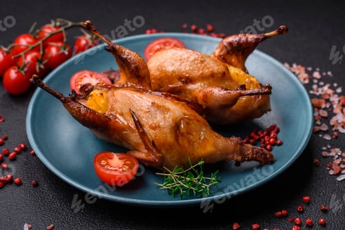 Preview: Roasted quail, partridge or pigeon stuffed with orange with spices and herbs