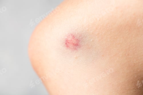Preview: big bruise on the girl's skin close up. Skin hematoma. Purple wound. Skin injury. Skin trauma.