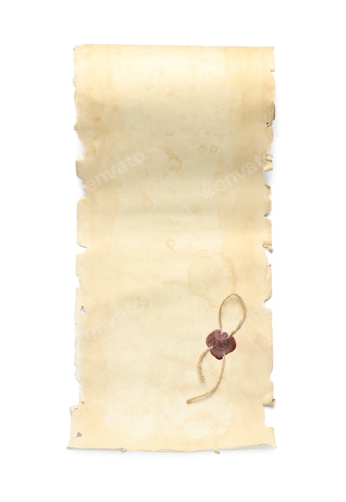 Preview: Sheet of old parchment paper with wax stamp isolated on white, top view. Space for design