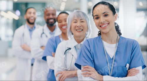 Preview: Medical, people and portrait with arms crossed in hospital for healthcare service, unity and pride.