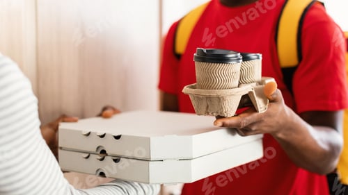 Preview: Courier Giving Pizza And Coffee To Customer Indoor, Cropped, Panorama