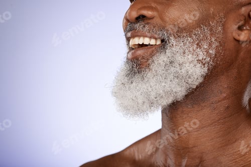 Preview: Face, beard and senior black man in studio isolated on a purple background mockup. Dental, white te
