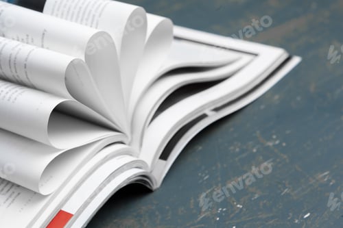 Preview: Close up stacking magazine place on table background