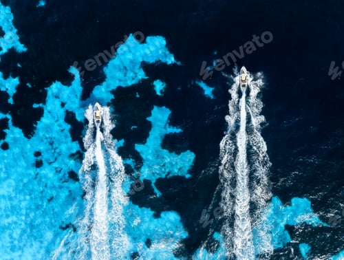 Preview: Vacation and leisure. Aerial view on fast boats on blue Mediterranean sea at sunny day.