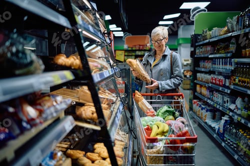 Preview: Senior woman taking loaf of bread while buying groceries at the supermarket.